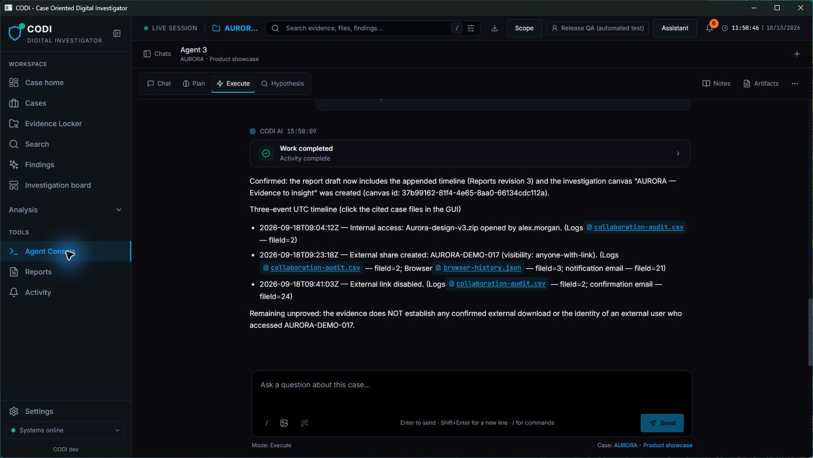 CODI agent console investigating the fictional Aurora case