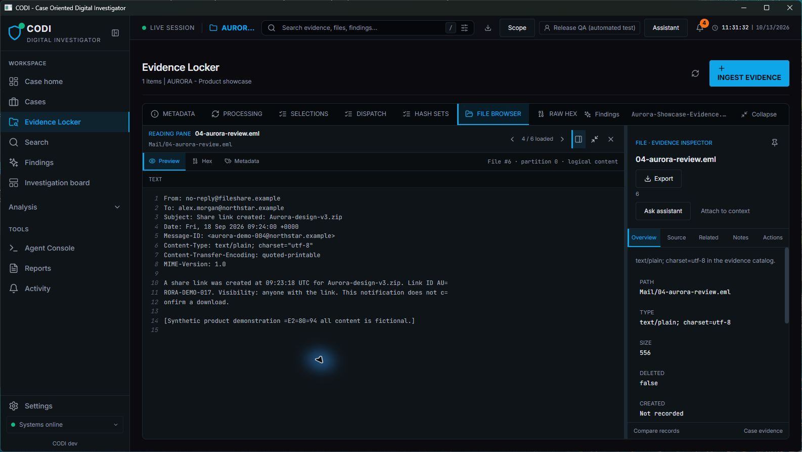 CODI evidence locker displaying the synthetic Aurora evidence pack