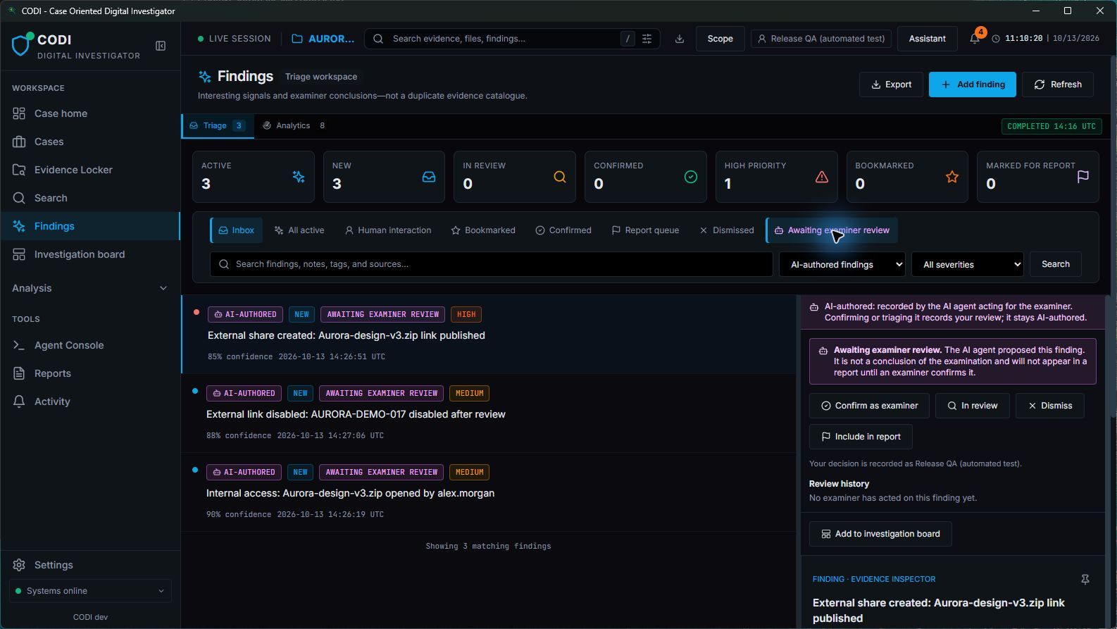 CODI findings workspace showing observations from synthetic evidence