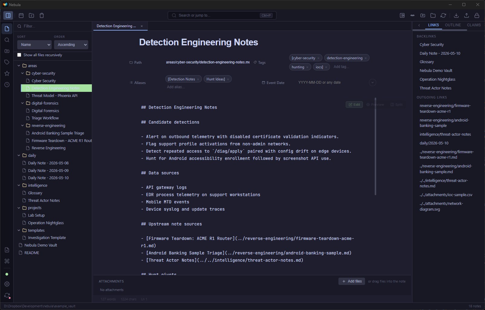 Nebula editor showing a markdown note with wiki-links, knowledge graph, and vault sidebar